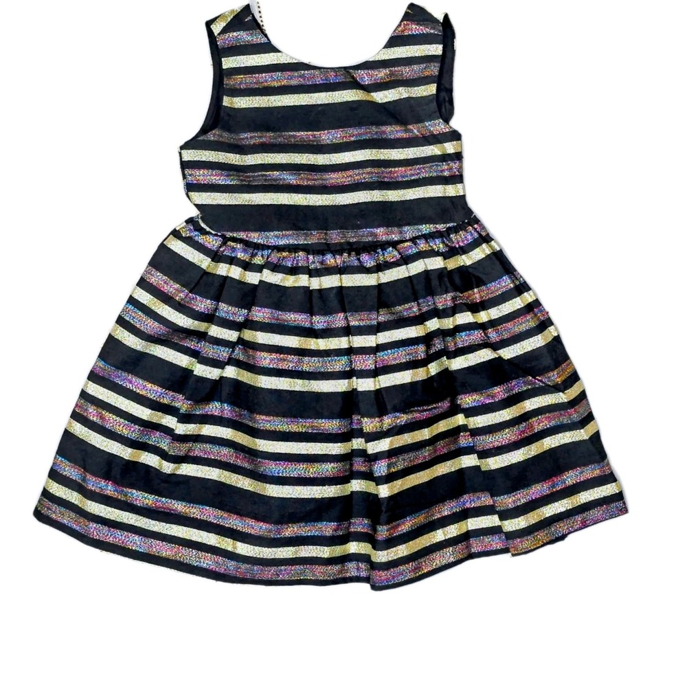 Gymboree Girls 18-24 Months Black Gold Rainbow Metallic Stripe Bow Back Dress